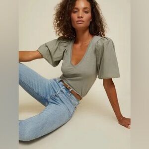 Nation LTD Bubble Sleeve Olive Short Sleeve V-Neck Tee